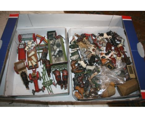 BRITAINS FARMYARD SET a qty of lead figures and animals, mostly by Britains. Also with some horse drawn carts, tractor and tr