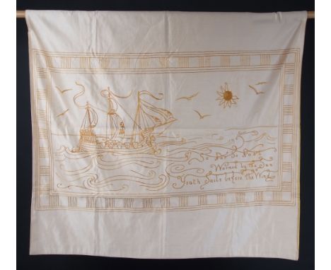 AN ARTS & CRAFTS WALL HANGING ATTRIBUTED TO WALTER CRANE A Late C19th crewel worked embroidery of a galleon with the wind in 