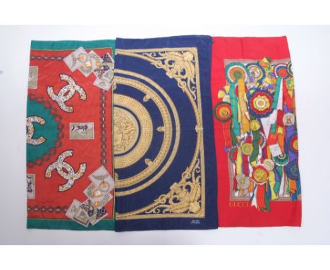 CHANEL, GUCCI & VERSACE SCARVES A Chanel No 5 Scarf, Gucci and Versace, good condition. (3)