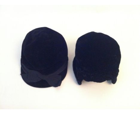TWO 1940'S WARTIME HATS A black cotton velvet fully lined cap with stiff front viser, ribbon and central button detail. Label
