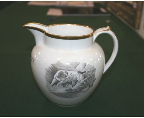 19THC JUG - HUNTING DOG, 1809 a 19thc pottery jug with transfer printed scenes of a hunting Dog and dead game. With the name 