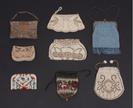 EIGHT EXQUISITE 1930'S EVENING BAGS A Rhinestone gold and silver beaded bag 6" x 4.5". A blue beaded bag with fringe, engrave