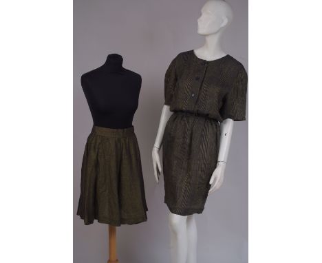 A 'CHRISTIAN DIOR BOUTIQUE' MINI DRESS A yellow and black woven linen dress, with buttoned front, elasticated waist. Pencil l