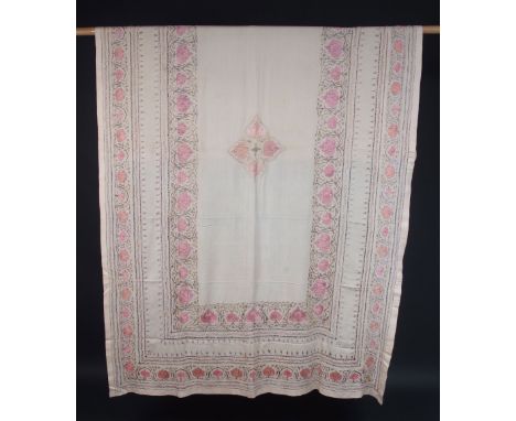 A VICTORIAN SILK TABLECOTH, SILVER SHAWL & LIBERTY PRINT FABRIC A hand embroidered tablecloth with pink, green, purple flower