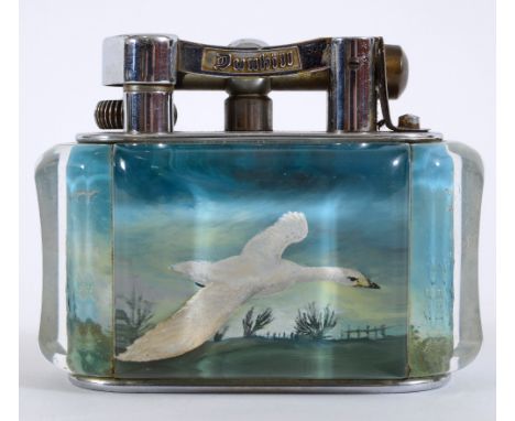 RARE DUNHILL AQUARIUM TABLE LIGHTER with chrome plated mounts and a perspex case, the interior painted with a Swan on one sid