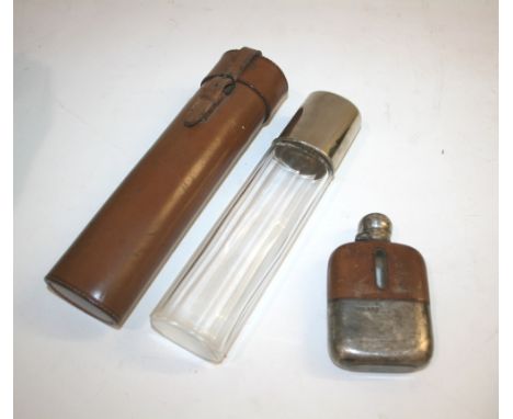 SILVER SPIRIT FLASK with a screw cap and detachable cup, and with a leather clad top section. By James Dixon & Sons, Sheffiel