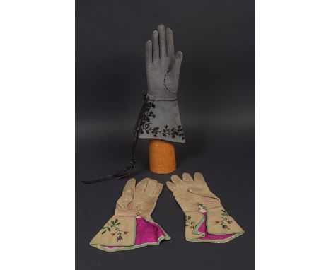 EARLY C18TH EMBROIDERED GLOVES & ONE BLACK-WORK GLOVE A pair of antique gloves possibly 1700's, made from suede hand embroide