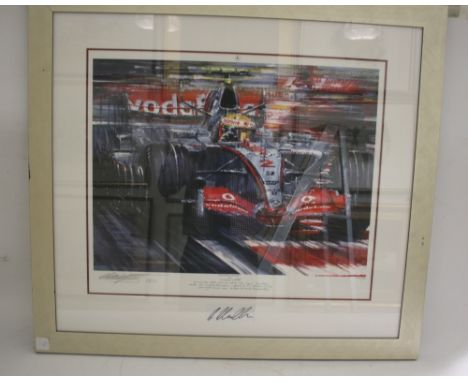 LARGE MOTOR RACING PRINT - NICHOLAS WATTS, LEWIS HAMILTON the print titled Racers Edge, signed by the artist and Lewis Hamilt