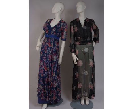 TWO 1930'S FLORAL CHIFFON TEA DRESSES A black silk chiffon tea dress with blue and pink hydrangea flower print.  A rouched wa