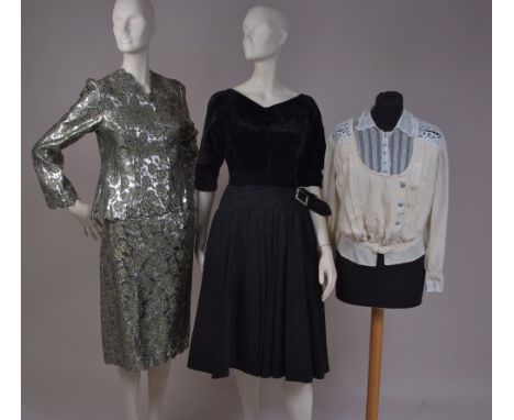 A 1960'S SILVER SKIRT & JACKET SUIT & 40'S DRESS The silver fabric has flowers in the weave, the jacket has scalloped edges w