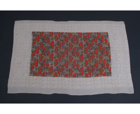 1930'S BELLE EPOQUE SILK SHAWL Cream crepe de chine silk shawl with an orange and green geometric print in the central part o