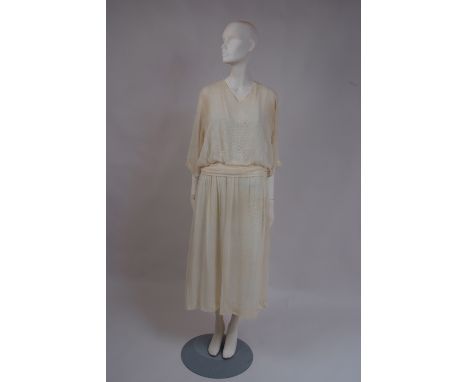 A 1920'S CREAM CHIFFON DRESS, LACE JACKET & SILK BLOUSE. A cream chiffon dropped waist dress with sash at the hips, white bea