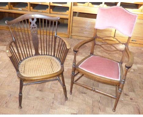 Edwardian mahogany open arm chair and a beech framed stick back chair Unfortunately we are not doing condition reports on thi