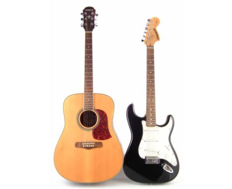 Aria Dreadnought guitar model AW-55Q with mahogany back and sides, also a Starcaster Strat type guitar, with soft cases (2) 