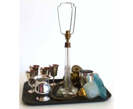 Glass table lamp brass wall lamp with glass shade and a group of EPNS Unfortunately we are not doing condition reports on thi