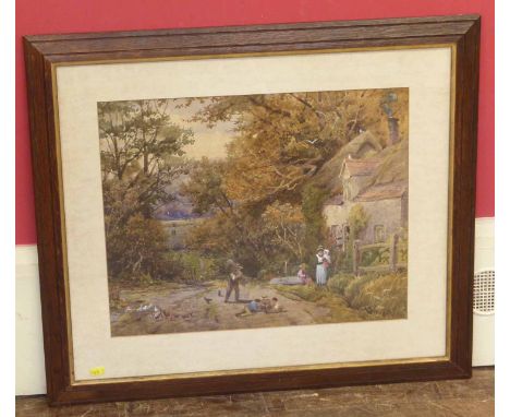 19th century oak framed warer colout depicting rural thatched cottage and children playing 63cm x 54cm Unfortunately we are n