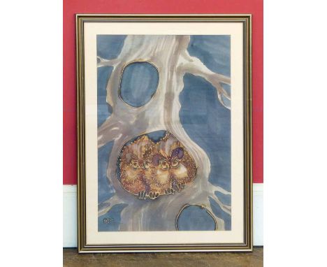 Canadian School, 20th century,   Two owls in a tree trunk, indistinctly signed, watercolour. Unfortunately we are not doing c