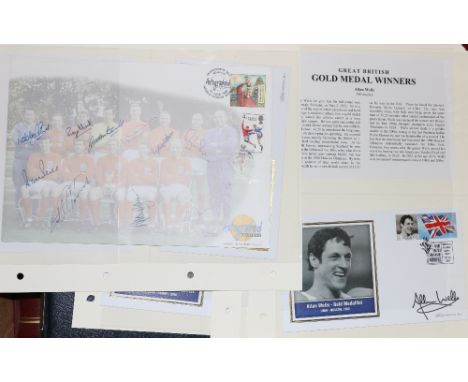 Sport interest philatelia including autographed edition England's World Cup Victory 1966 first day cover, 11 Benham Great Bri