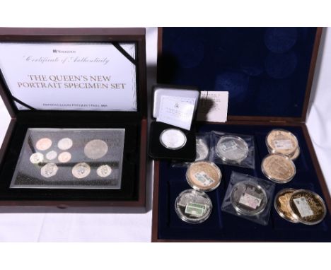 Westminster Mint Queen's New Portrait specimen set 2015 cased, Jubilee Mint silver proof £5 coin 2016 with certificate of aut