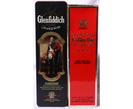 JOHN HAIG GOLDEN AGE very fine old Scotch whisky, 70% proof, 26 2/3 fl oz, boxed; GLENFIDDICH special reserve single malt Sco