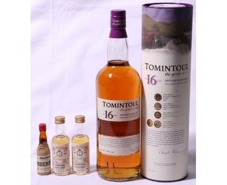 TOMINTOUL 16 year old Speyside single malt Scotch whisky, 1 litre, 40% vol with tube, and three miniatures.
