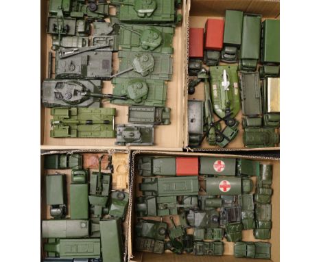 Over 50 Dinky Toys playworn army related vehicles including Tank Transporter, 155mm mobile gun, SRN6 Hovercraft, Sea King Hel