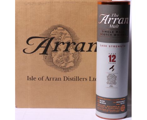 Case of six ARRAN 12 year old cask strength single malt Scotch whisky, each from batch 5, bottled May 2015, 52.9% vol, 70cl, 