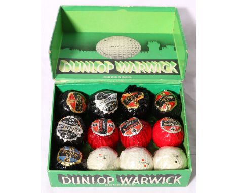 Dunlop Warwick golf ball box with twelve balls including three Dunlop Warwick, four Dunlop 65, two Dunlop 65 American size an