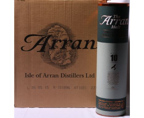 Case of six ARRAN 10 year old single malt Scotch whisky, each 70cl, 46% vol, with tubes, in cardboard shipping box.