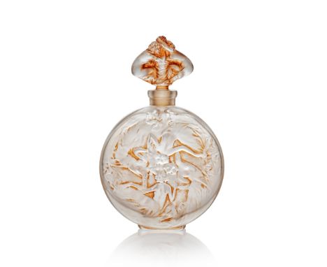 René Lalique (French 1860-1945) ROSACE FIGURINES SCENT BOTTLE, NO. 488 designed 1912 clear, frosted and sepia stained engrave