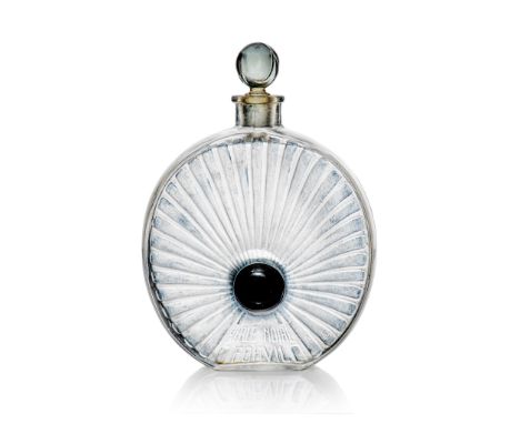 René Lalique (French 1860-1945) LA PERLE NOIRE SCENT BOTTLE, FORVIL – 9 designed 1922 clear, frosted, blue stained and blue m