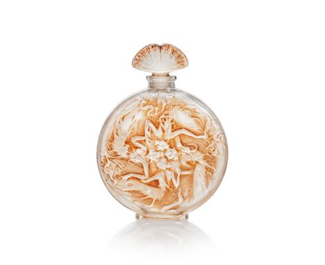 René Lalique (French 1860-1945) ROSACE FIGURINES SCENT BOTTLE, NO. 488 designed 1912 clear, frosted and sepia stained engrave