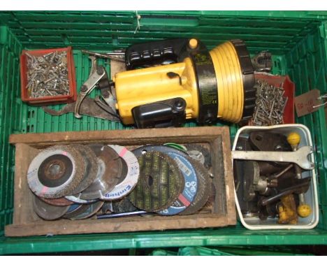 Crate of garage odds screws , tools , torch etc ( crate not included )