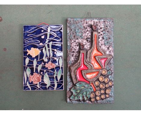 Two West German textured ceramic wall tiles.  40cm x 22cm and 30.5cm x 19cm 