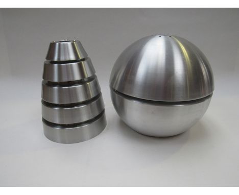 An aluminium spherical lamp shade together with a similar five banded pendant light 
