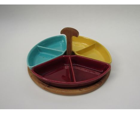 Swedish Jie party platter set, three ceramic trays on circular wooden base 