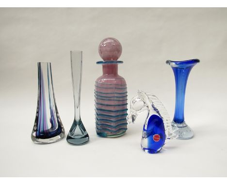 A Mdina cased glass decanter in pink and blue, a Murano glass paperweight in the form of a horse with original sticker, a Sca