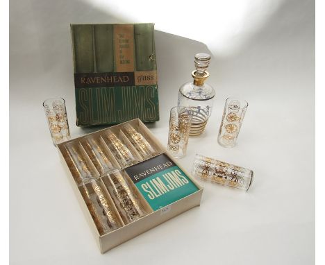 A boxed set of six Ravenhead glass 'Slim Jims' in gilded design, four loose glasses and a French glass decanter of similar de