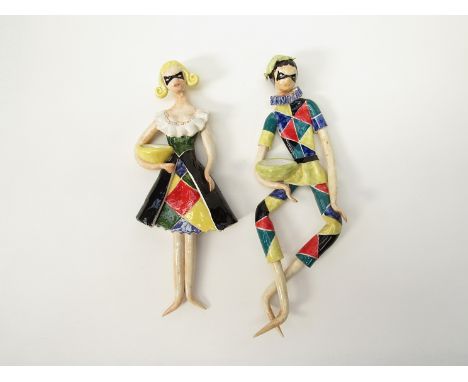 Two Italian Commedia Dell' Art wall hanging ceramic harlequin figures, painted marks circa 1960's.  29cm tall 