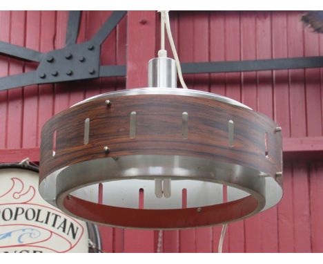 A Danish ceiling light in aluminium and wood effect banding