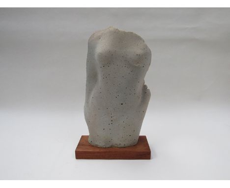 A studio ceramic sculptural female nude on oak plinth, unsigned, 36cm high