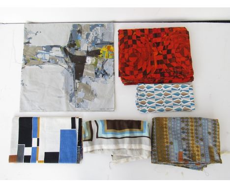 1960's fabrics including Heals curtain "Cherry Orchard" by Irmgard Krebs, a pair of red geometric abstract curtains, Donald H