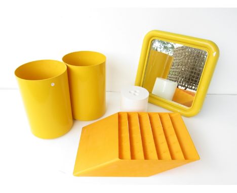 Two yellow plastic vintage Crayonne designer bins and a mirror, a similar white plastic ice bucket and Gustavsberg, Sweden ye