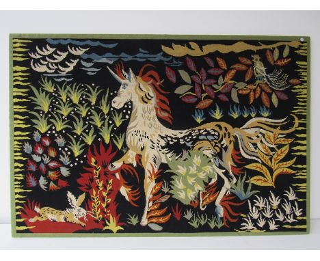 After Jean Lurcat, large woollen tapestry of a unicorn.  96cm x 142cm 