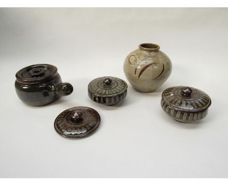A 1950's studio pottery vase signed G Shepard 1951 together with a large stoneware bowl, Winchecomb casserole and two Michael