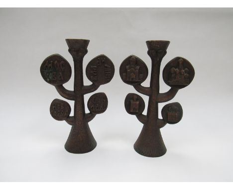 A pair of vintage Russian bronze colour metal sculptural candlesticks, circa 1960's.  25cm high 