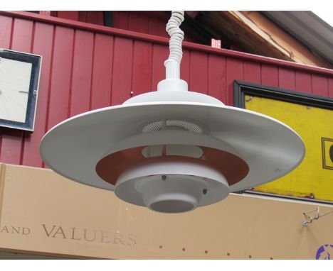 A Danish five tiered Poulsen style ceiling light in white and orange, push and pull cord