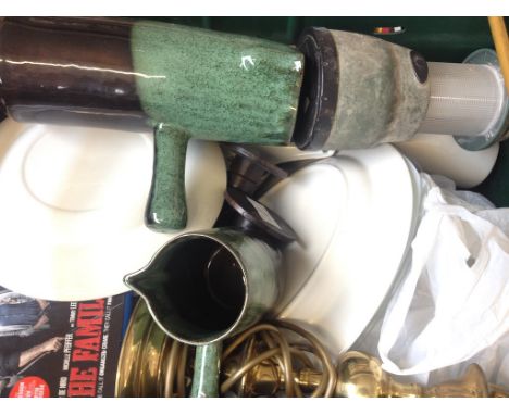 CRATE OF POTTERY^ BRASS LAMP ETC.      T2