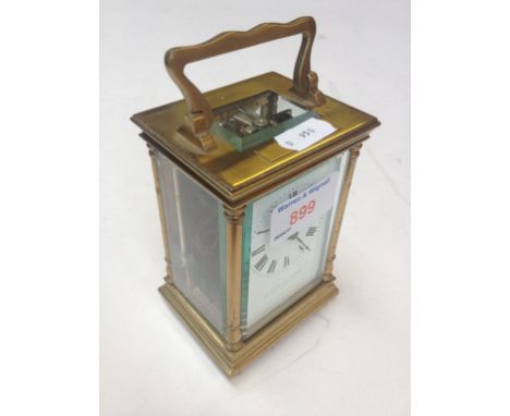 BRASS CARRIAGE CLOCK C CONDITION REPORT - hairline to dial, chip to glass, appears to be working correctly, general wear to c