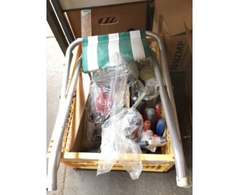 BOX OF TOOLS & STOOL